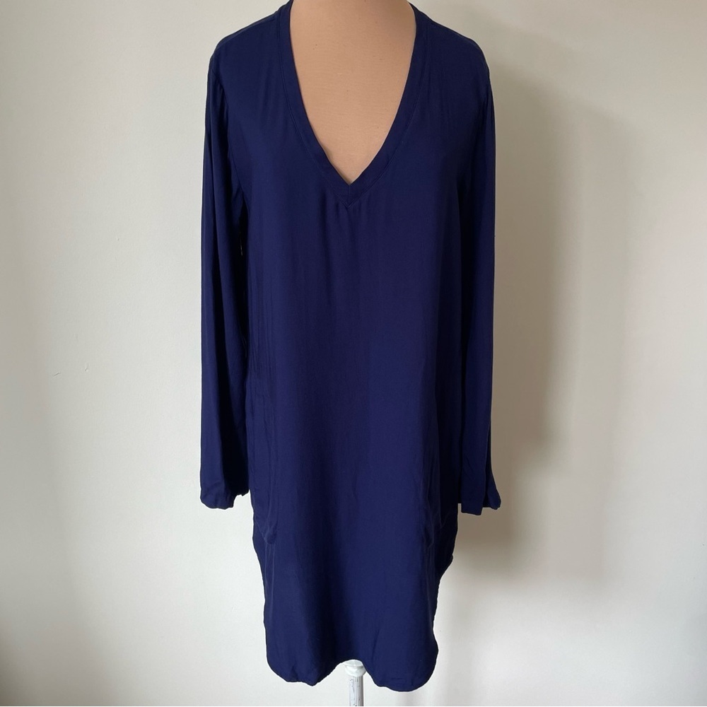 Anthropologie Cloth Stone Blue Rayon Long Sleeve V-Neck Soft Tunic Dress EUC XS